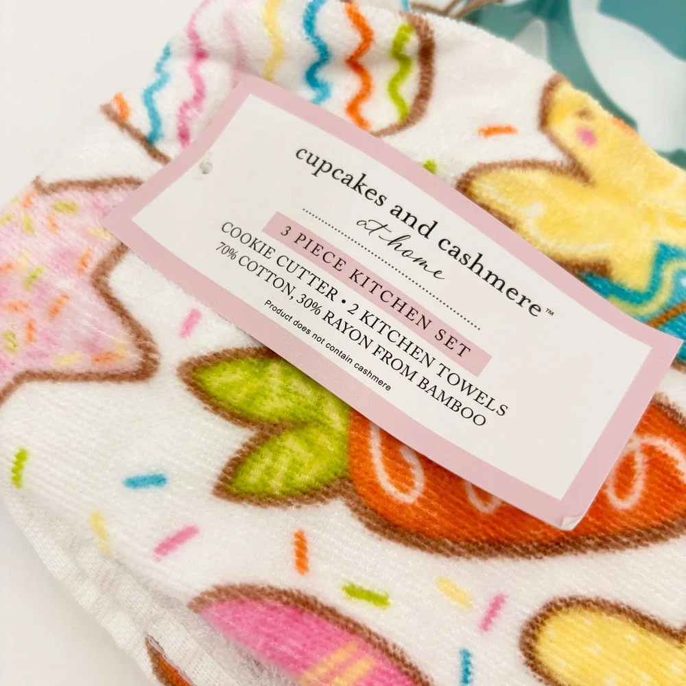 Cupcakes and Cashmere Easter Kitchen Set 2 Towels & Bunny Cookie Cutter NWT‎
